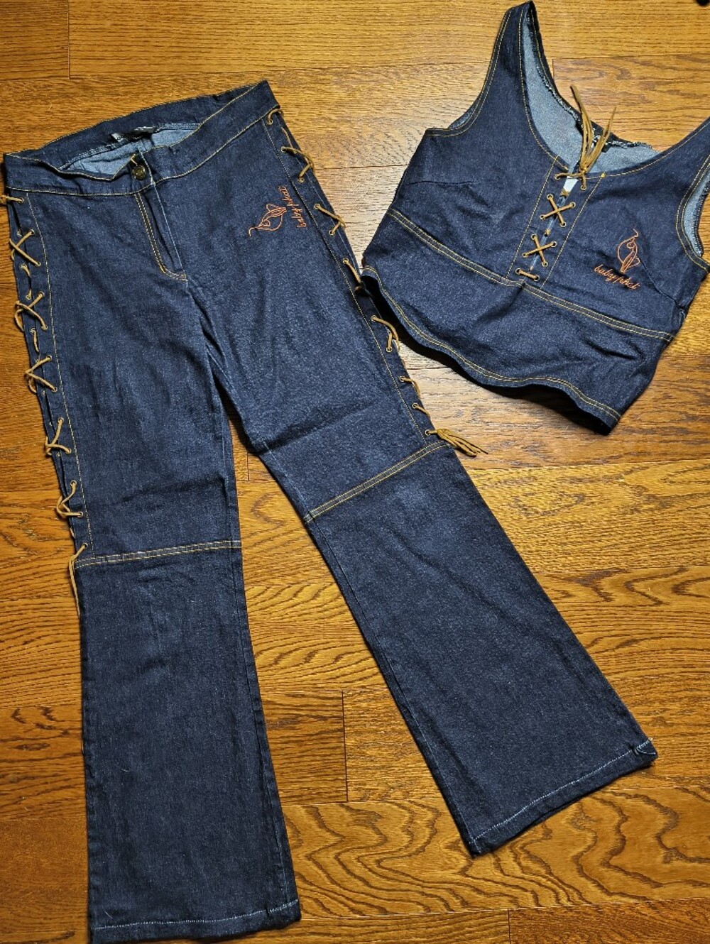 Rare Vintage Baby Phat Denim Lace Up Corset Top & Flare Jeans Set Size Large Y2K
